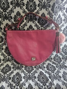 Dooney & Bourke Fuchsia Half-Moon Leather Shoulder Bag with Tassel Pom